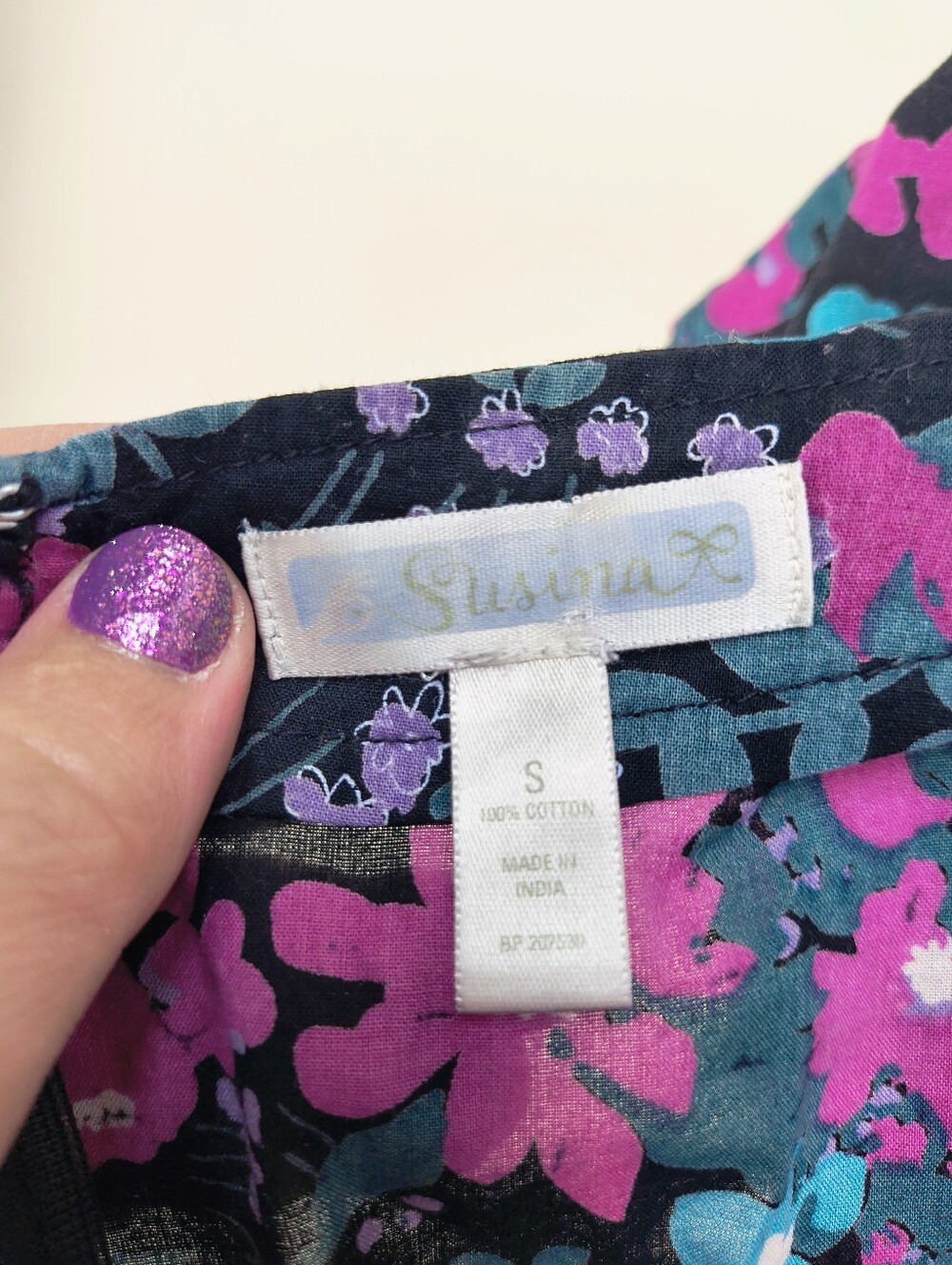 Susina Floral Cotton Dress in Navy with Pink & Teal Flowers, Size S - Picture 4 of 4